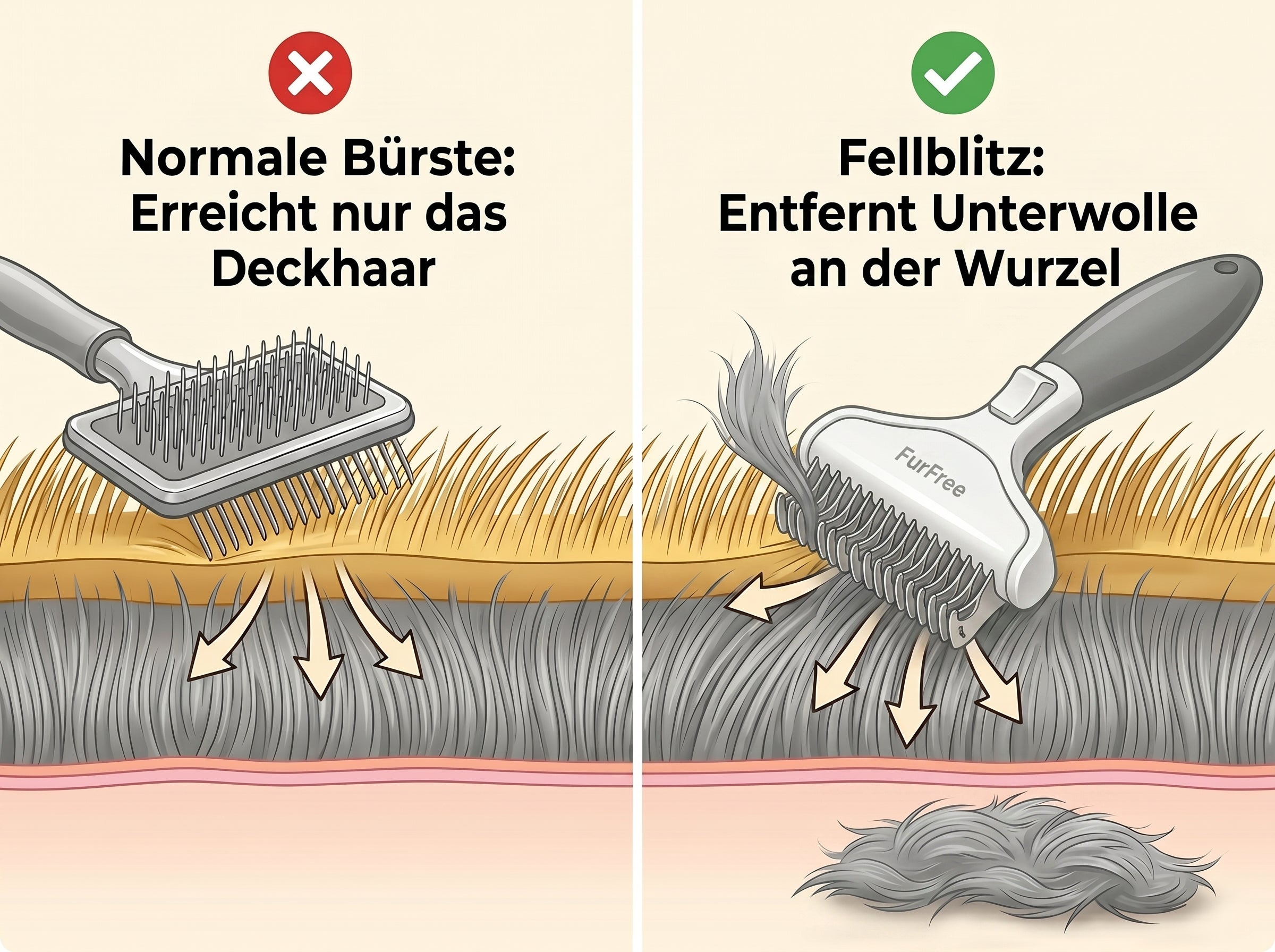 Infografik: Querschnitt durch Hundefell. Festsitzende Unterwolle blockiert die Luftzirkulation und staut Hitze auf der Haut.