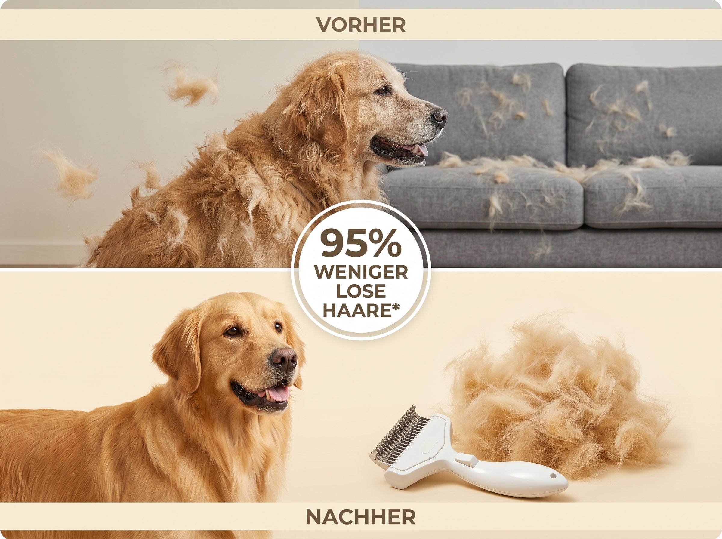 Infografik: Ergebnis nach einer Fellblitz-Anwendung, bis zu 95 % der losen Unterwolle entfernt.